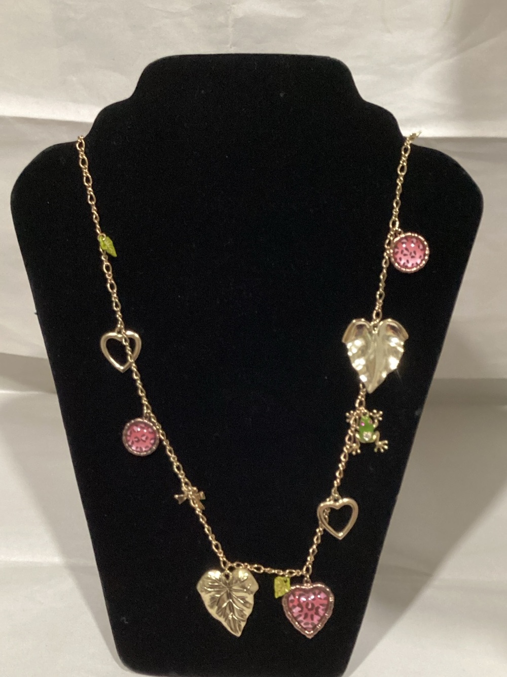 Betsey Johnson Gold-Tone Necklace with Pink Hearts & Green Leaf Charms